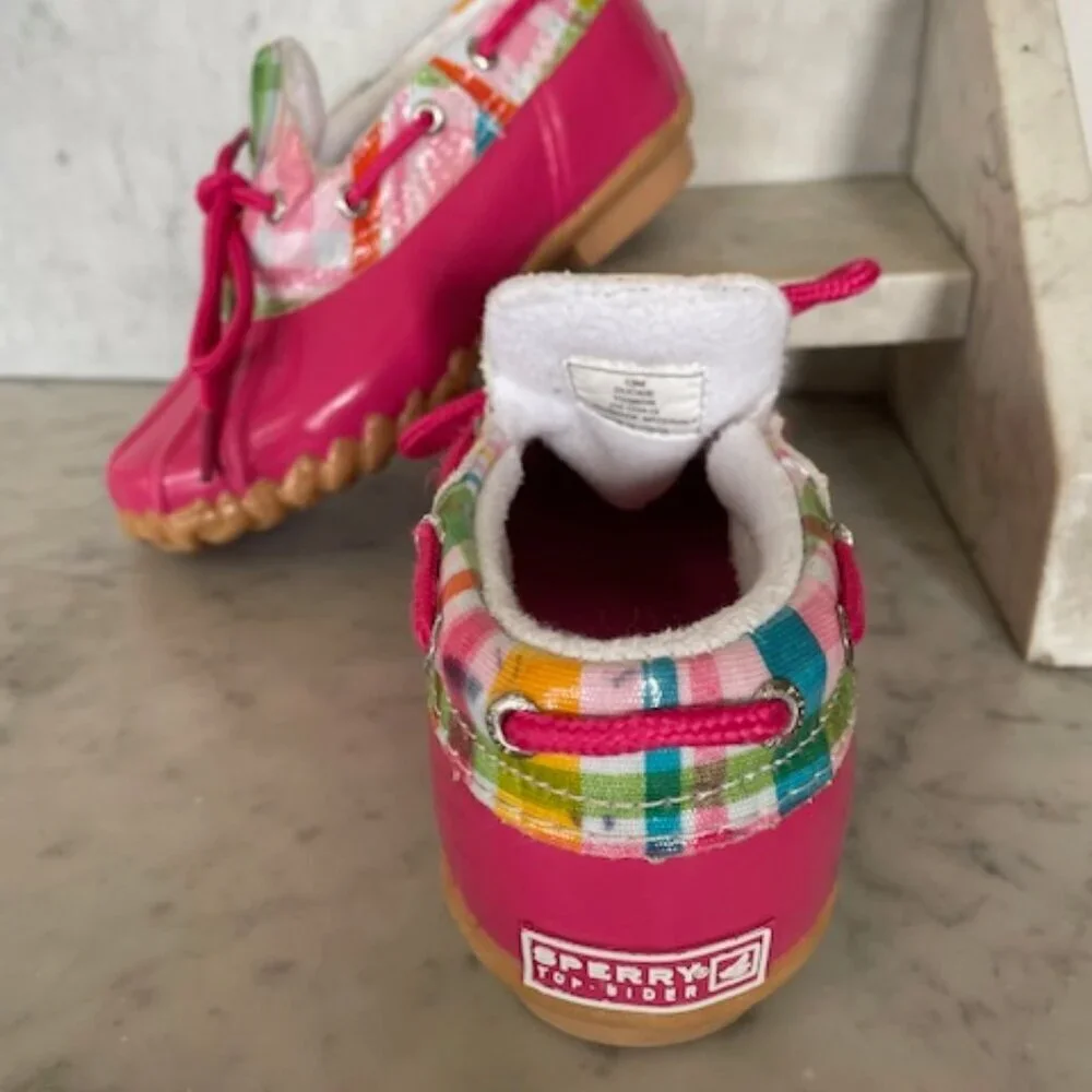 SPERRY TOP SIDER Duckie Pink Plaid Steel Shank Rain Shoes Girl 13M